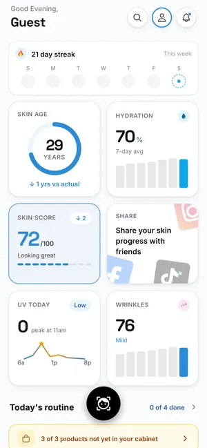 Skinify home screen showing skin age 29, hydration 70%, skin score 72 out of 100 and wrinkles 76