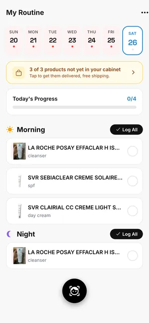 Skinify routine screen with morning and night steps and a weekly streak